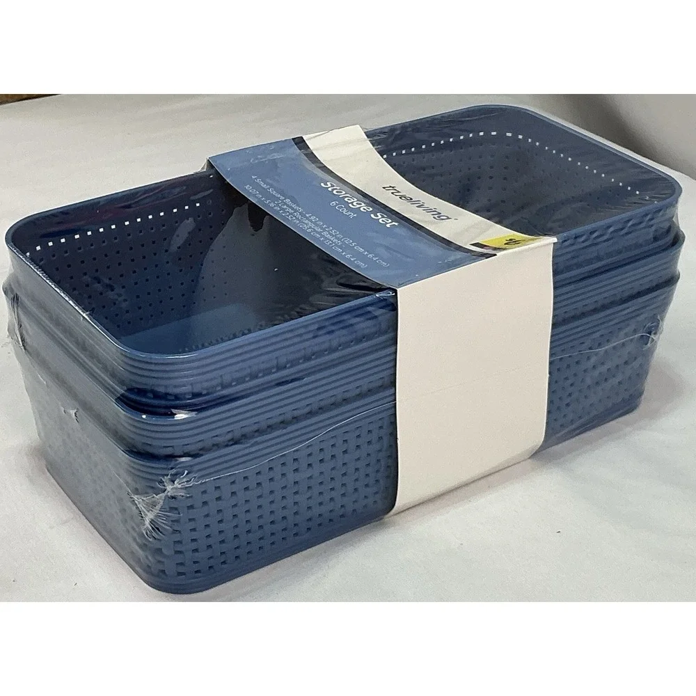 TrueLiving Storage Set 6 Count - Blue Plastic Baskets (4 Small And 2 Large ) New